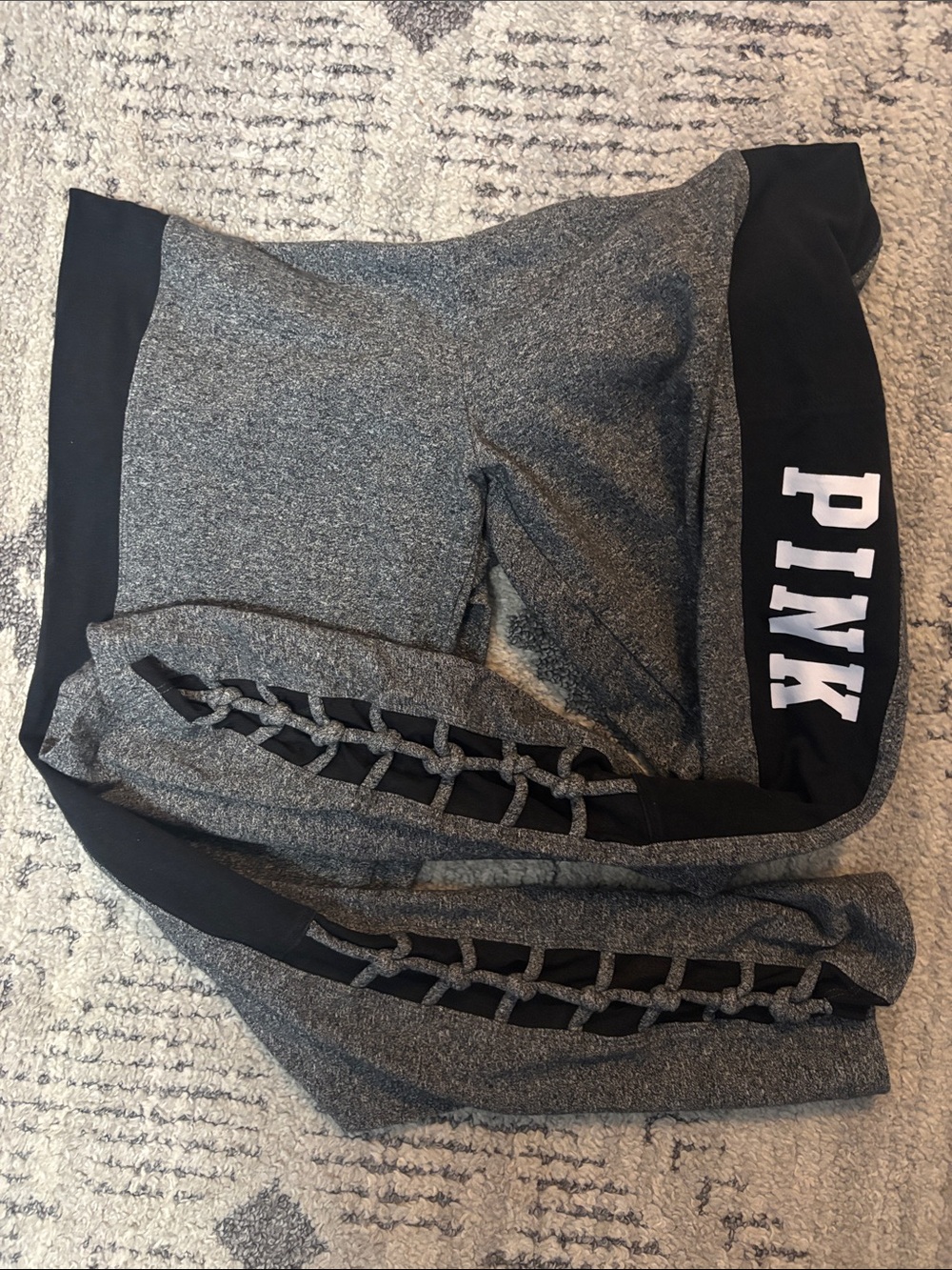 PINK Victoria's Secret Gray & Black Lattice-Detail Leggings